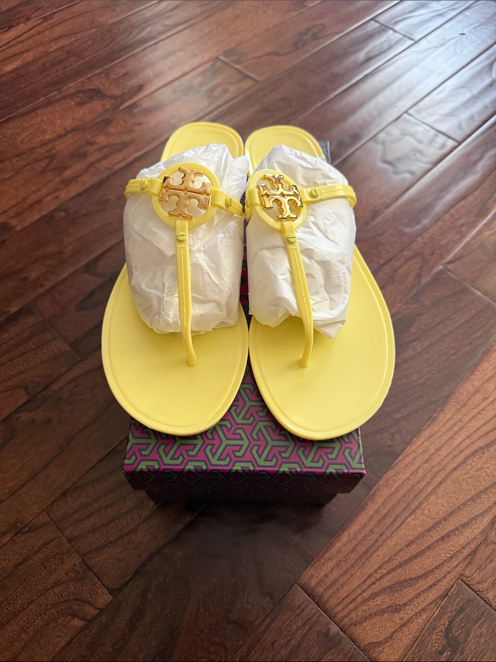 Tory Burch Bright Yellow Logo Jelly Thong Sandals